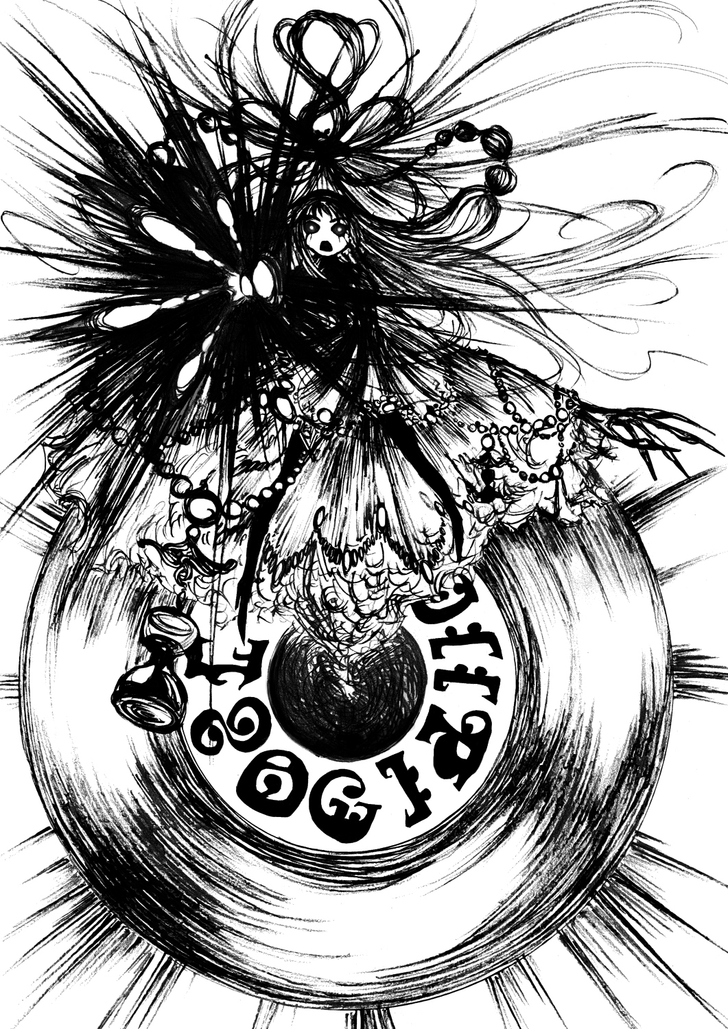 akemi_homura braid glowing glowing_eyes high_heels highres homulilly hourglass lolita_majin long_hair madoka_runes mahou_shoujo_madoka_magica monochrome personification record shoes sketch spoilers very_long_hair witch_(madoka_magica)