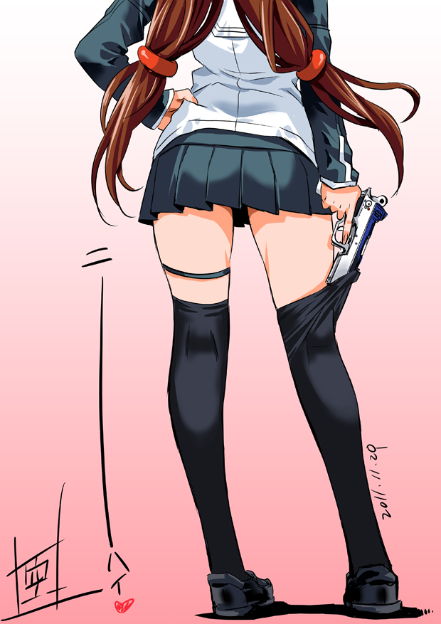 2011 black_legwear bren_ten brown_hair dated from_behind gradient gradient_background gun hand_on_hip head_out_of_frame hips inoue_sora legs long_hair low-tied_long_hair miniskirt nazume_mikuru pink_background pistol pleated_skirt school_uniform shoes signature skirt solo thigh-highs thigh_strap thighhighs thighhighs_pull trigger_discipline twintails weapon white_background zero_in