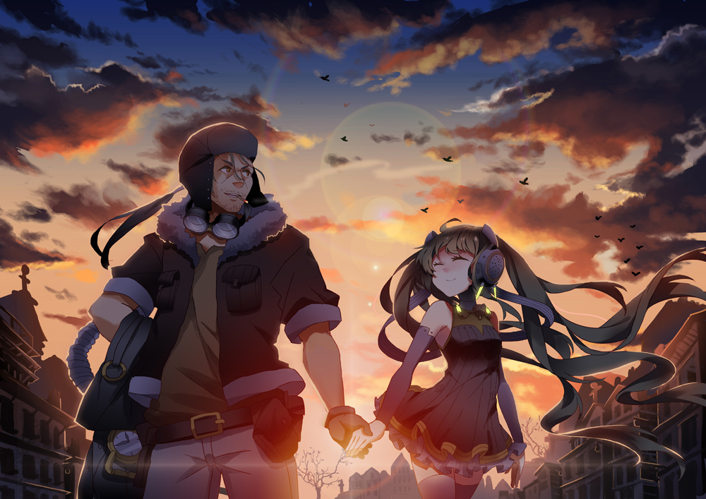 1girl brown_eyes brown_hair cigarette cloud frills goggles goggles_around_neck green_hair hand_holding hatsune_miku headphones holding_hands lens_flare long_hair original outdoors ponytail skirt sky smile sunset thigh-highs thighhighs tsukii twintails vocaloid zettai_ryouiki