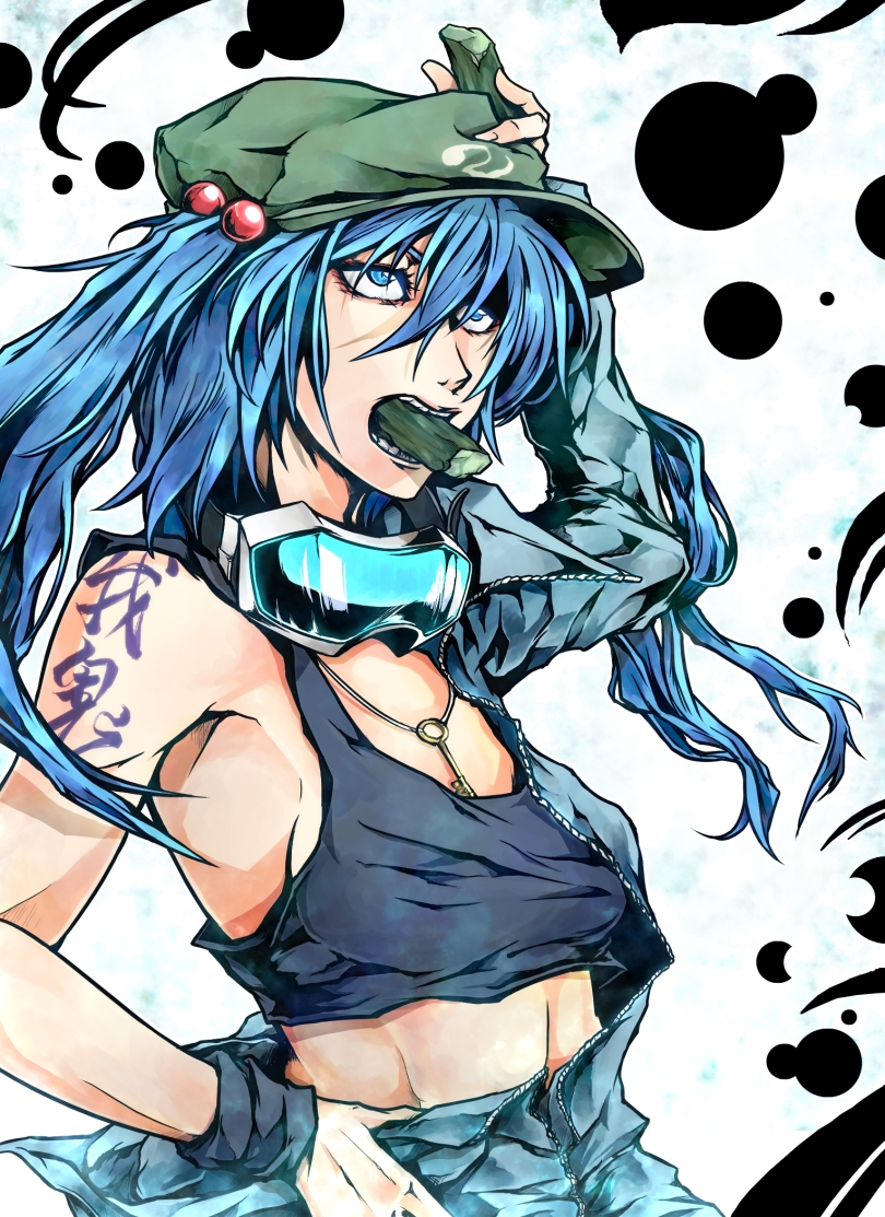 adult arm_up blue_eyes blue_hair breasts cucumber falconet_dragon goggles hair_bobbles hair_ornament hat kawashiro_nitori key looking_up open_mouth ryuuichi_(f_dragon) sideboob skirt sleeveless_shirt solo tank_top tattoo touhou twintails