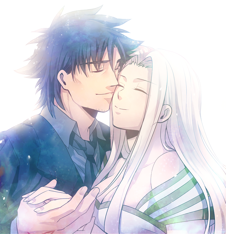 1girl backlighting black_hair blue_hair closed_eyes couple dress emiya_kiritsugu eyes_closed facial_hair fate/zero fate_(series) hand_holding holding_hands husband_and_wife irisviel_von_einzbern necktie smile stubble white_hair zihad