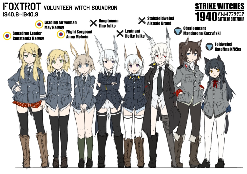 animal_ears anna_mcbein commentary commentary_request constantia_harvey english fine_falke german head_wings heike_falke katerina_kricka lineup magdalena_kaczynski magdarena_kaczynski may_harvey multiple_girls ogitsune_(ankakecya-han) pantyhose ponytail strike_witches strike_witches_1940 strike_witches_1991 tail thigh-highs thighhighs twintails uniform