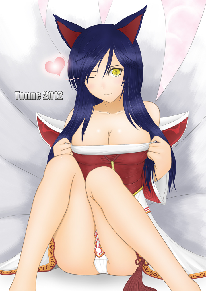 ahri animal_ears bare_legs bare_shoulders blue_hair breasts cleavage collarbone detached_sleeves fox fox_tail heart large_breasts league_of_legends looking_at_viewer multiple_tails panties pantyshot pantyshot_(sitting) pantyshot_sitting sitting solo tail tonnelee underwear white_panties wink yellow_eyes
