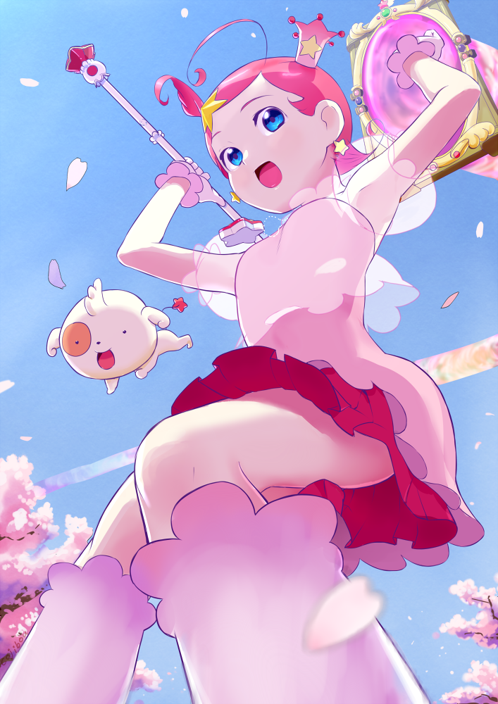 ahoge armpits arms_up blue_eyes blue_sky boots cherry_blossoms cojibou comet_(comet-san) cosmic_baton_girl_comet-san crown dress earrings from_below gloves hair_ornament jewelry la_valmot_provone looking_at_viewer looking_down pendant petals pink_dress pink_hair see-through short_hair sky smile spring_(season) star star_earrings star_hair_ornament twirl_baton wand