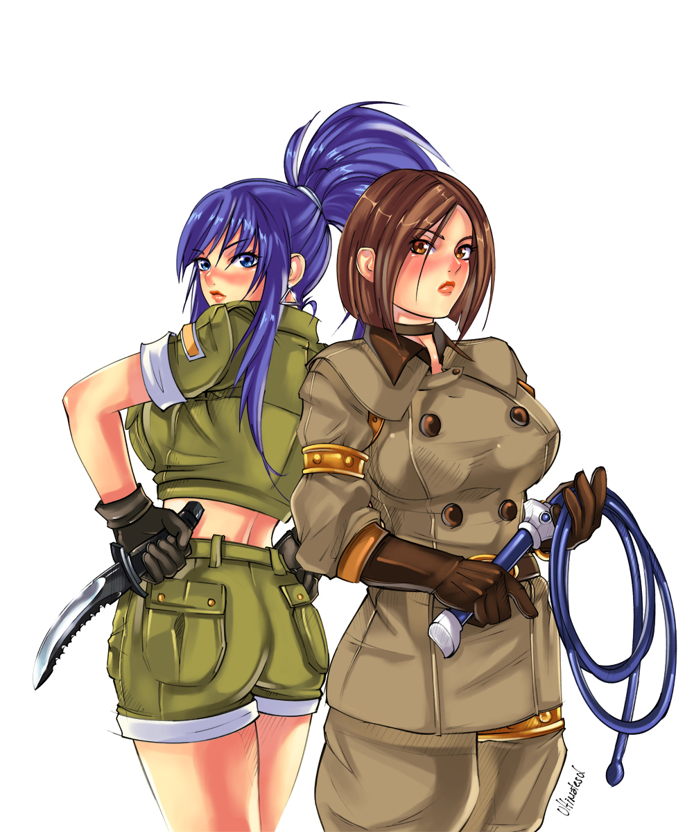 back-to-back blue_eyes blue_hair bolero breasts brown_eyes brown_hair choker combat_knife cropped_jacket gloves hands_on_hips highres khakis king_of_fighters large_breasts leona_heidern lips long_hair looking_back military military_uniform multiple_girls ponytail short_hair shorts sleeves_rolled_up snk ultimatesol uniform whip whip_(kof)