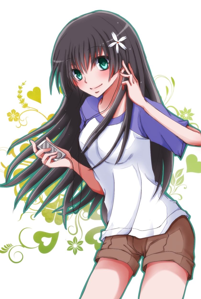 bad_id black_hair casual digital_media_player earbuds earphones flower green_eyes hair_flower hair_ornament hand_on_own_face heart highres hiro_(hirohiro31) ipod light_smile long_hair raglan_sleeves saten_ruiko shorts solo t-shirt to_aru_kagaku_no_railgun to_aru_majutsu_no_index wind