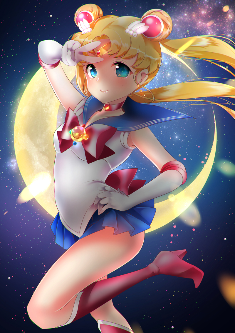 bishoujo_senshi_sailor_moon blonde_hair blue_eyes hair_buns long_hair magical_girl night ribbon sailor_moon seifuku smile tsukino_usagi twintails