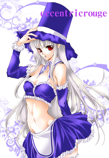 bandeau bare_shoulders breasts capcom capcom_fighting_evolution capcom_fighting_jam cleavage coco_(eccentricrouge) detached_collar detached_sleeves frills hat ingrid long_hair midnight_bliss midriff mound_of_venus navel no_legs red_eyes solo thigh-highs thighhighs top_hat white_hair zettai_ryouiki