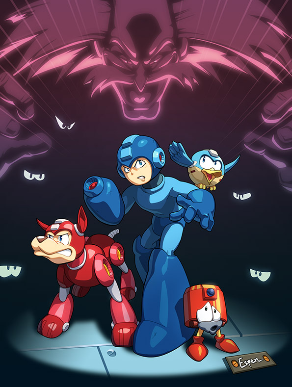albert_w_wily android arm_cannon bird blue_eyes capcom character_request dog eddie_(rockman) espeng gloves helmet robot rockman rockman_(character) rockman_(classic) rush_(rockman) weapon
