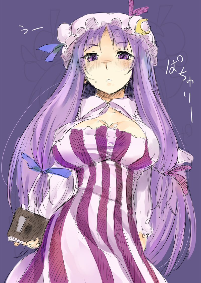 :&lt; blush book bow breasts curvy dress hair_bow hat huge_breasts long_hair otogi_(s_in_w) patchouli_knowledge purple_eyes purple_hair sketch solo striped striped_dress sweat touhou very_long_hair violet_eyes