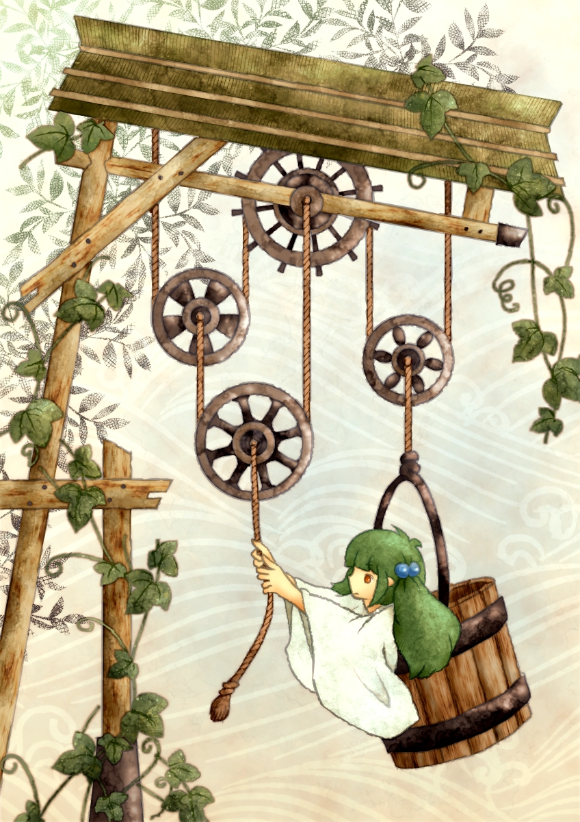 brown_eyes bucket green_hair hair_bobbles hair_ornament highres ikkaku in_bucket in_container ivy kisume leaf pulley pulling rope solo touhou