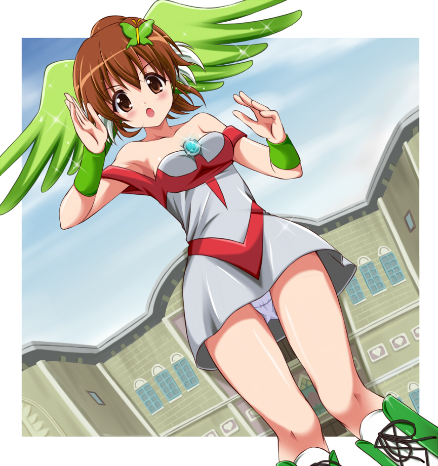 :o asaka_hinata bare_shoulders boots brown_eyes brown_hair butterfly_hair_ornament chisato_(missing_park) dress dutch_angle fusion gem giantess hair_ornament head_wings jewelpet_(series) jewelpet_sunshine jewelry knee_boots panties pantyshot parody peridot_(jewelpet) ponytail solo sparkle ultra_series underwear