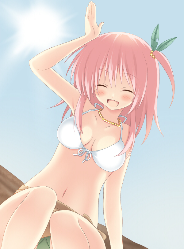 1girl bikini_top closed_eyes eyes_closed front-tie_top hair_ornament jewelry navel necklace oniku-chan open_mouth original pink_hair solo