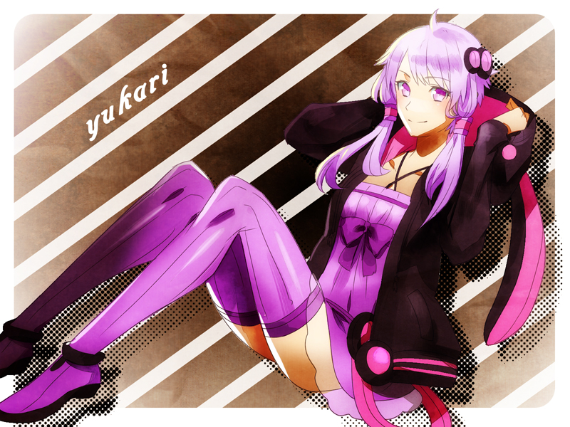 boots camisole hoodie mon_(sugimo321) open_clothes open_jacket purple_eyes purple_hair solo thigh-highs thigh_boots thighhighs violet_eyes vocaloid yuzuki_yukari