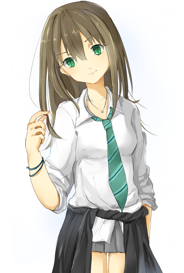 bracelet brown_hair earrings green_eyes idolmaster idolmaster_cinderella_girls jewelry long_hair myuu1995 necklace necktie school_uniform shibuya_rin skirt sleeves_rolled_up smile solo