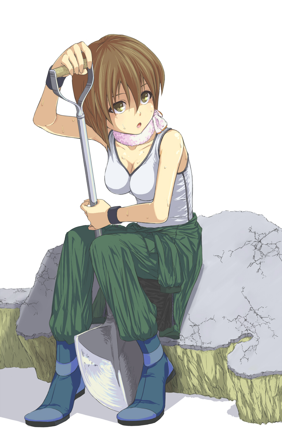 breasts brown_hair hagiwara_yukiho highres idolmaster nokohe short_hair shovel sitting solo sweat tank_top towel worktool yellow_eyes