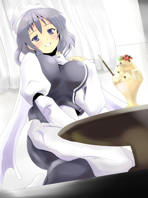 bad_id blush breasts dutch_angle hat head_tilt large_breasts lavender_eyes lavender_hair letty_whiterock md5_mismatch nanasuno open_mouth parfait resized short_hair solo table touhou