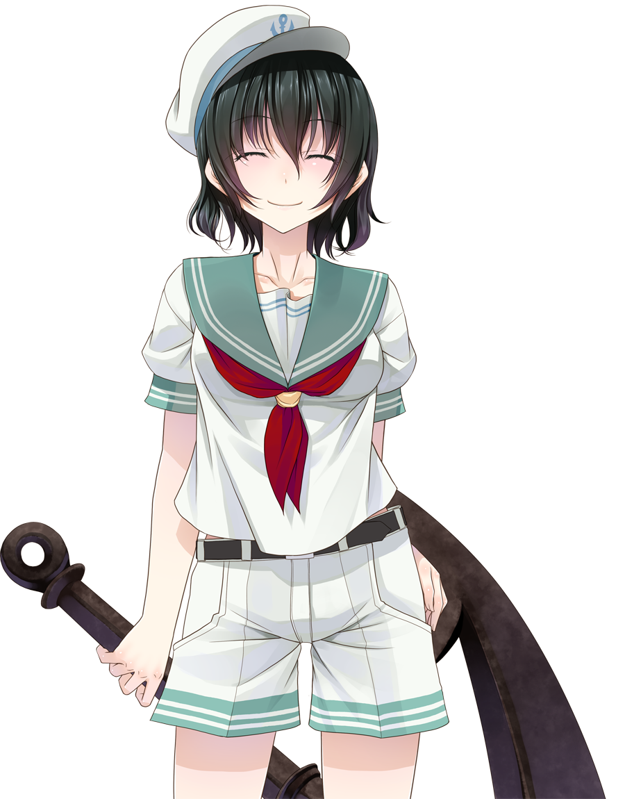 anchor arms_behind_back belt black_hair breasts closed_eyes crote eyes_closed happy hat murasa_minamitsu sailor sailor_hat short_hair shorts simple_background smile solo touhou transparent_background