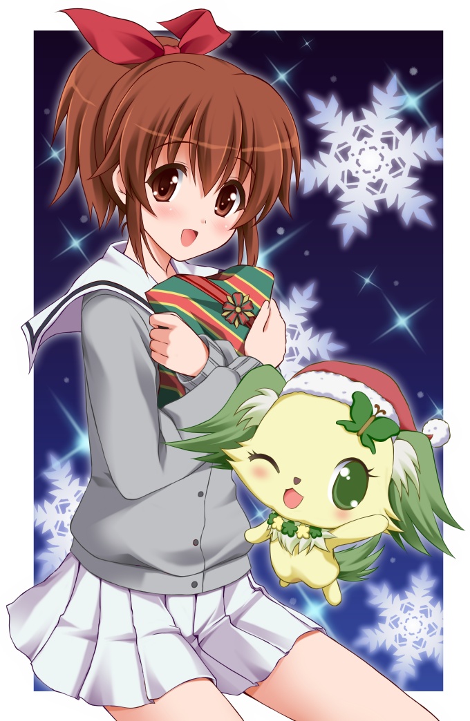 :d ;d asaka_hinata bow brown_eyes brown_hair cardigan chisato_(missing_park) christmas creature gift hair_bow hair_ribbon hat jewelpet_(series) jewelpet_sunshine object_hug open_mouth peridot_(jewelpet) ponytail ribbon santa_hat school_uniform serafuku skirt smile snowflakes sparkle wink