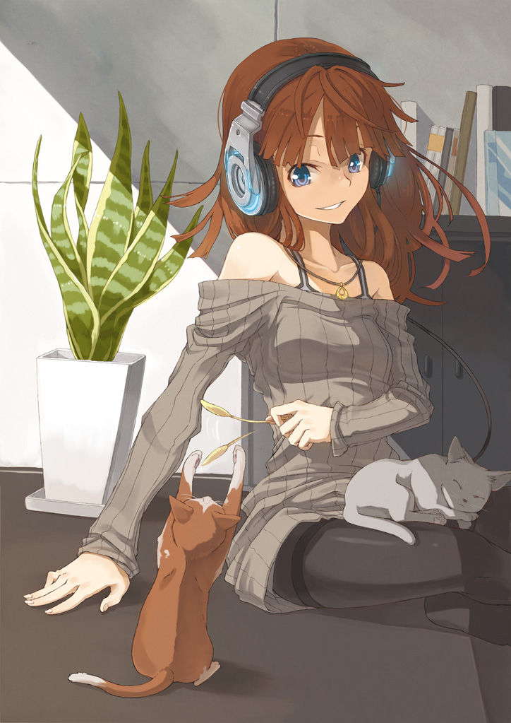 book brown_hair cat glowing headphones jewelry necklace nike_(smaaaash) original pantyhose plant sitting sweater_dress tank_top