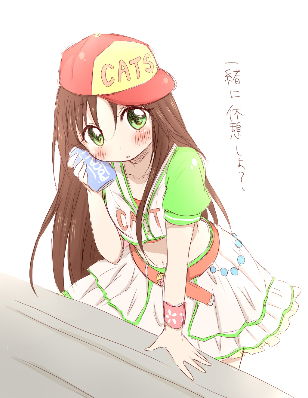 baseball_cap baseball_jersey belt blush brown_hair can can_to_cheek green_eyes hat highres himekawa_yuki idolmaster idolmaster_cinderella_girls long_hair midriff navel skirt solo very_long_hair wristband you-1110