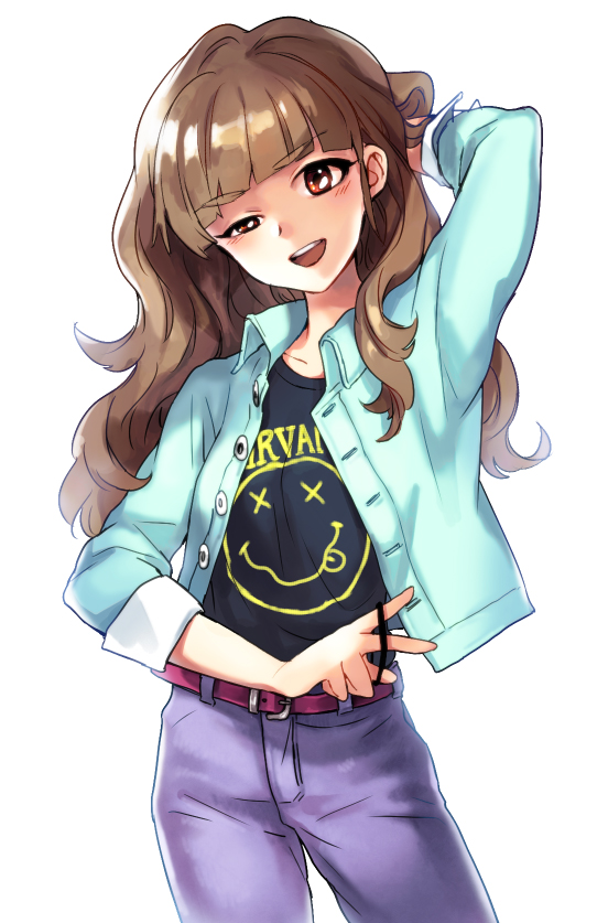 belt brown_hair denim_jacket idolmaster idolmaster_cinderella_girls jacket jeans kamiya_nao kogiso long_hair nirvana_(band) open_mouth red_eyes smirk solo t-shirt wavy_hair