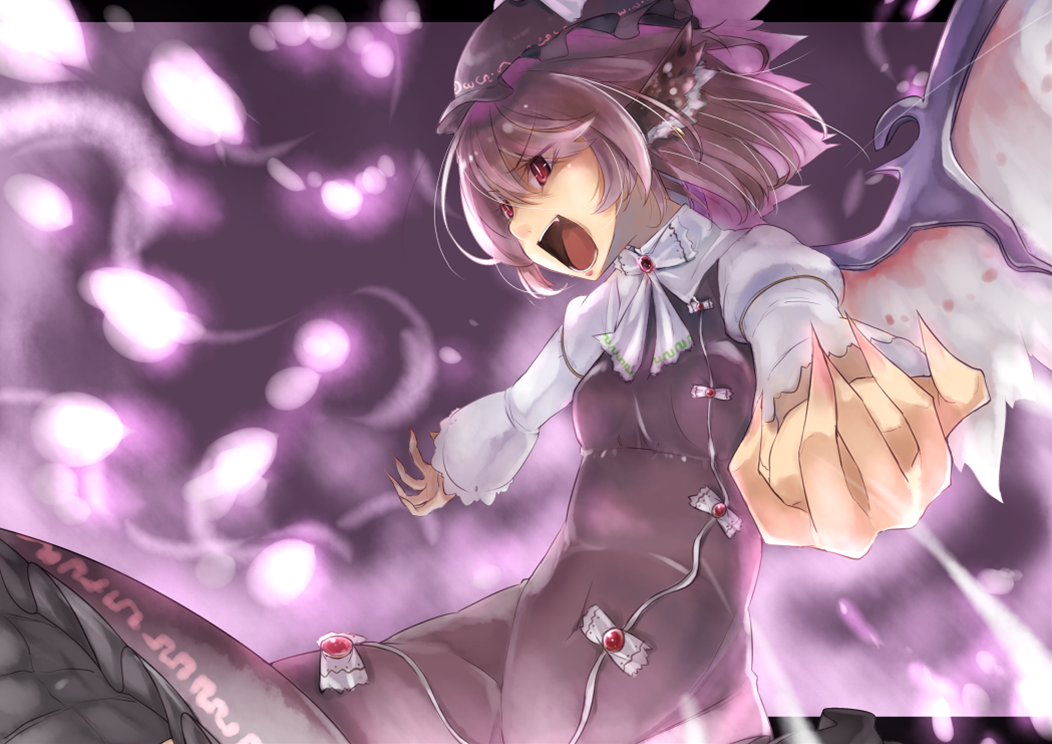animal_ears bow brown_dress claws danmaku dress ear_piercing fang fingernails hat letterboxed lights long_fingernails mito_(calcomer) mystia_lorelei open_mouth outstretched_arms piercing pink_eyes pink_hair red_eyes sharp_fingernails sharp_nails short_hair slit_pupils solo touhou wings