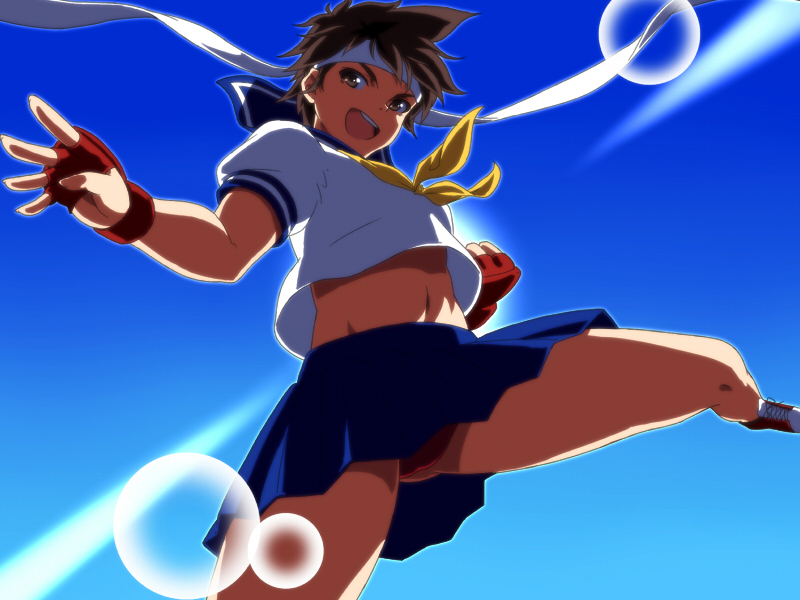 brown_eyes brown_hair buruma capcom fingerless_gloves gloves headband kasugano_sakura kicking komakedara lens_flare midair midriff navel open_mouth school_uniform serafuku shirt_lift shoes short_hair skirt sneakers solo street_fighter street_fighter_zero wind_lift