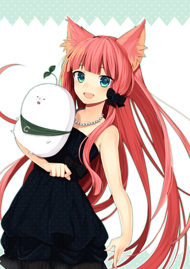 animal_ears bangs bare_shoulders black_dress blue_eyes blush bow cat_ears cocona_ichijo dress fang hair_bow jewelry long_hair looking_at_viewer midorikawa_you necklace open_mouth original pearl_necklace pink_hair polka_dot polka_dot_dress smile solo very_long_hair