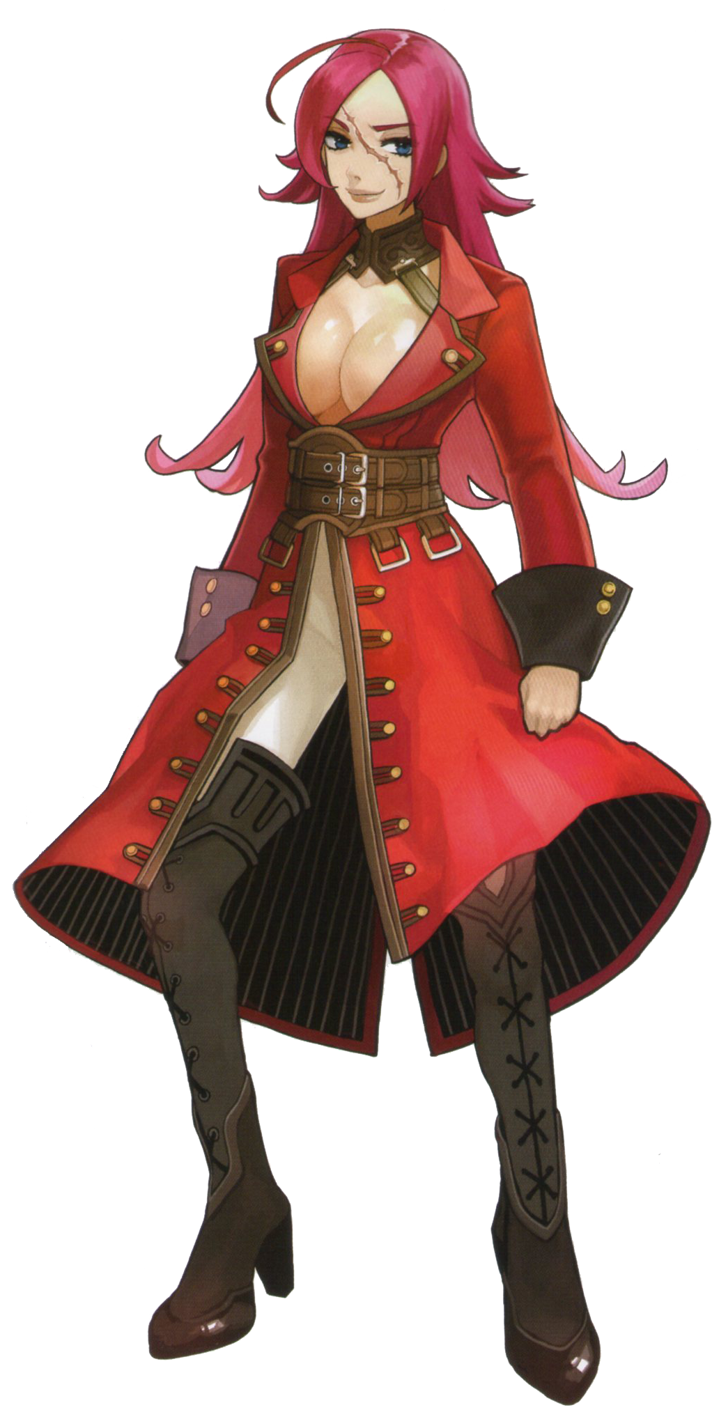 1girl ahoge blue_eyes boots breasts cleavage fate/extra fate/stay_night fate_(series) highres large_breasts lips long_hair official_art pink_hair rider_(fate/extra) scar thigh_boots thighhighs transparent_background wada_aruko