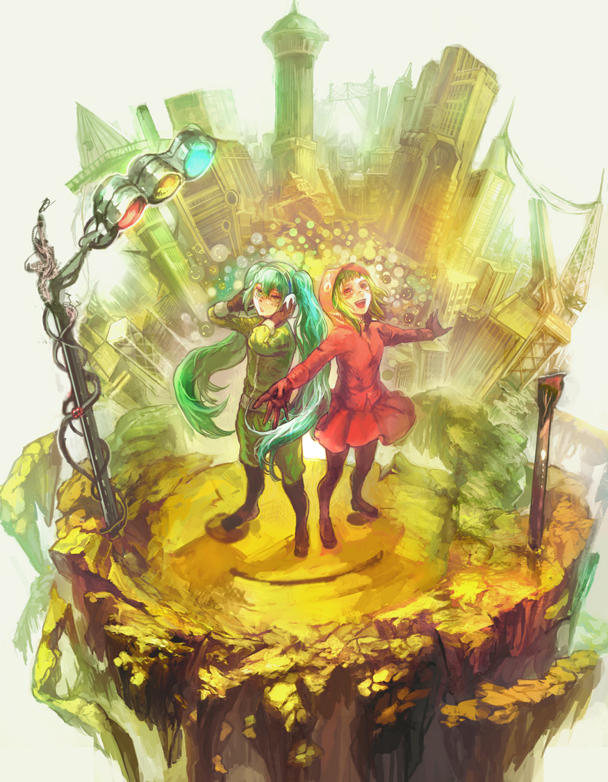 :d aqua_eyes aqua_hair chibi_(shimon) gloves green_hair gumi hands_on_headphones hatsune_miku headphones hoodie long_hair matryoshka_(vocaloid) multiple_girls open_mouth outstretched_arms pantyhose red_eyes scenery smile standing traffic_light very_long_hair vocaloid