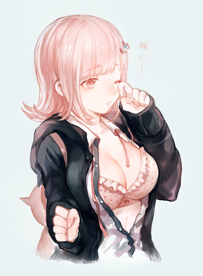 1girl backpack bag bra breasts cleavage dangan_ronpa flipped_hair hair_ornament hairclip hoodie large_breasts nanami_chiaki open_clothes open_shirt pink_bra pink_eyes pink_hair shell_(pixiv) short_hair solo striped striped_bra super_dangan_ronpa_2 underwear wink