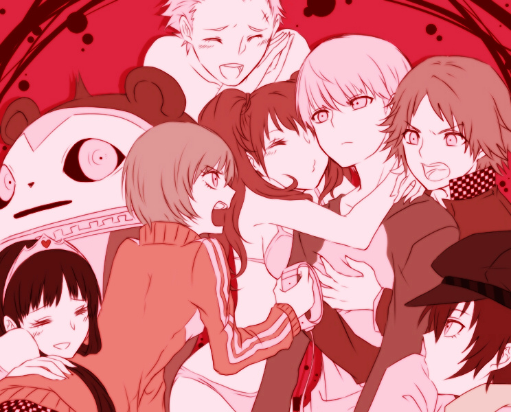 &gt;3&lt; 4girls amagi_yukiko androgynous artist_request ass bikini blush breasts cabbie_hat closed_eyes creepy dark_persona dog_collar dress expressionless eyes_closed hanamura_yousuke hat houndstooth hug jacket kujikawa_rise kuma_(persona_4) labcoat monochrome multiple_boys multiple_girls narukami_yuu open_mouth persona persona_4 pink princess red reverse_trap satonaka_chie scar school_uniform serafuku shadow_yukiko shirogane_naoto short_hair skirt smile swimsuit tatsumi_kanji tiara tomboy track_jacket zipper