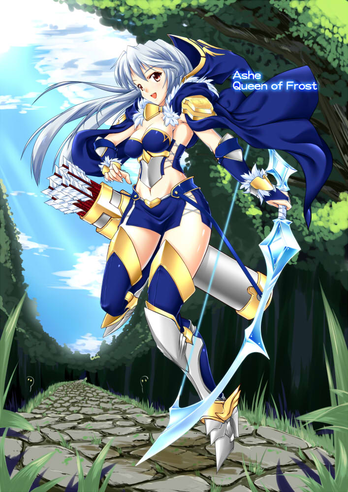 1girl :d armor armpits arrow ashe_(league_of_legends) bandages bandeau bangs blue_legwear boots bow_(weapon) breasts bridal_gauntlets character_name cleavage cloak cloud crop_top english fantasy floating_hair foreshortening fur_trim glowing glowing_eyes grass greaves hair_between_eyes high_heels hips holding hood jumping league_of_legends leg_lift long_hair looking_at_viewer looking_back merufena midriff miniskirt navel open_mouth outdoors path quiver red_eyes rock shoes side_slit sideboob silhouette skirt sky smile sunbeam sunlight thigh_boots thighhighs tree tubetop weapon white_hair wide_hips yellow_eyes zettai_ryouiki
