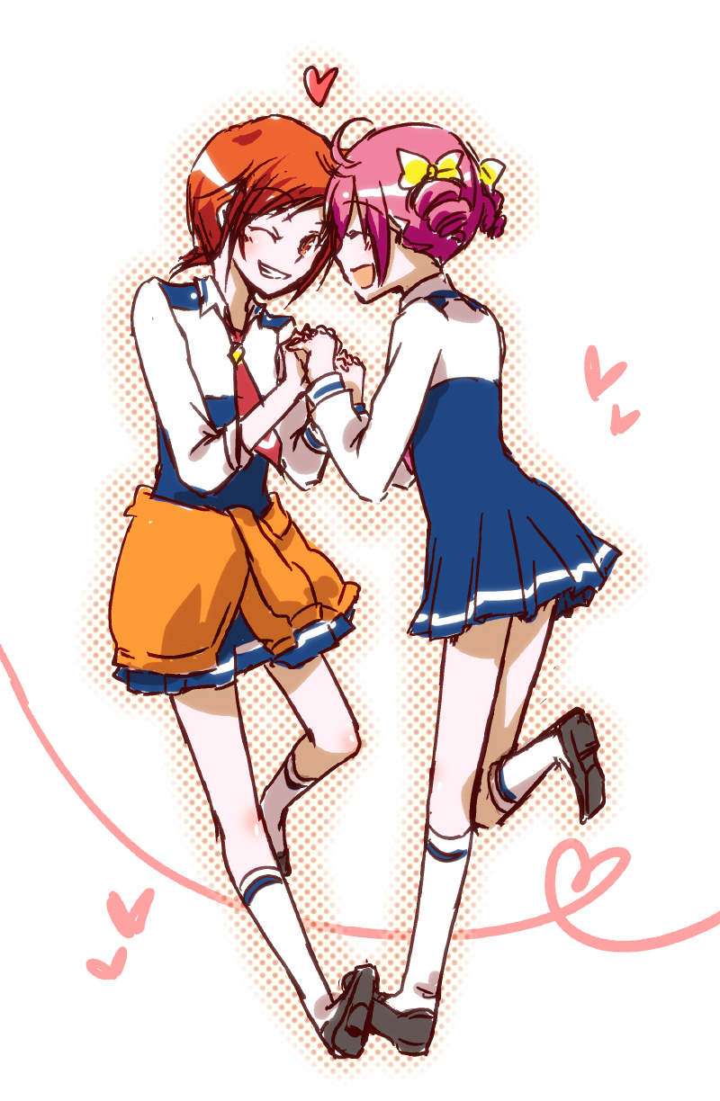 closed_eyes drill_hair eyes_closed hand_holding heart heart_of_string highres hino_akane holding_hands hoshizora_miyuki multiple_girls necktie pink_hair ponytail precure red_eyes red_hair redhead school_uniform sekihara_umina sleeves_rolled_up smile_precure! sweater_around_waist twin_drills wink