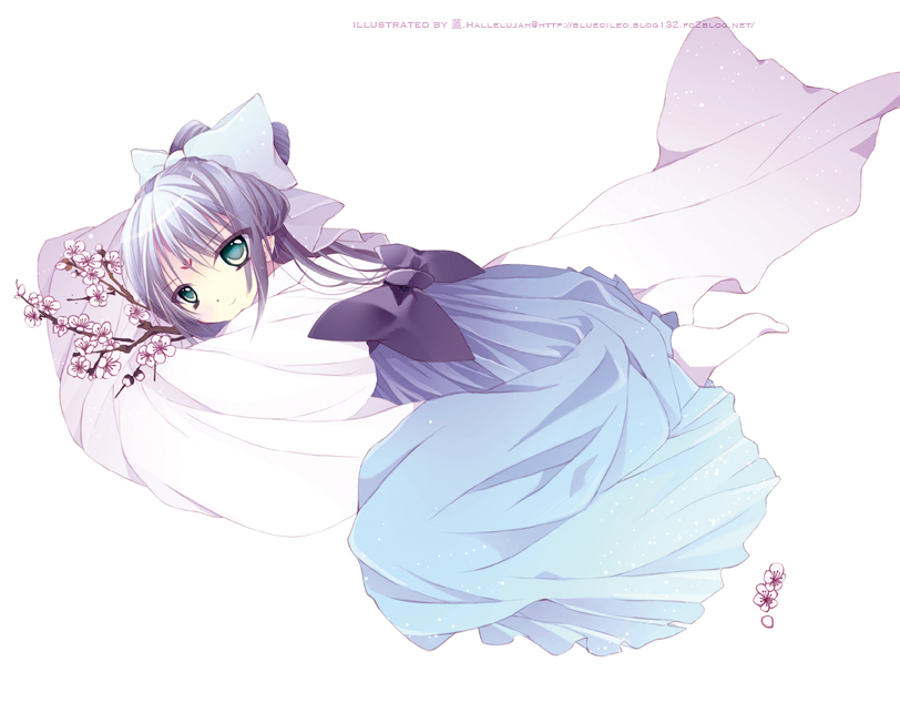 barefoot blue_hallelujah bow cherry_blossoms china facial_mark forehead_mark green_eyes hair_bow looking_at_viewer original personification silver_hair smile solo taiwan