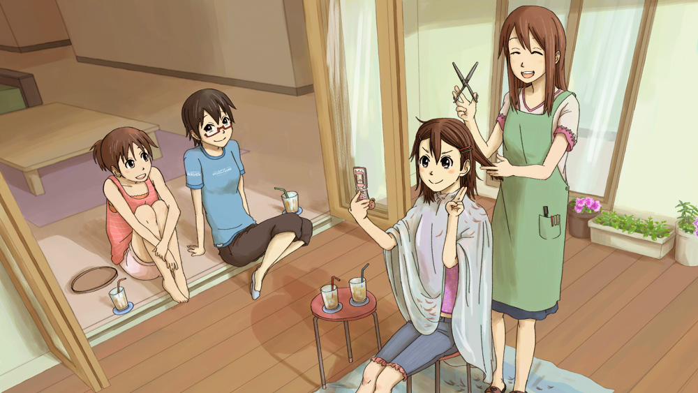 barefoot bonjin brown_eyes brown_hair casual cellphone cutting_hair glasses hairdressing half_rim_glasses hirasawa_ui hirasawa_yui k-on! manabe_nodoka mrs._hirasawa phone red-framed_glasses scissors semi-rimless_glasses short_hair under-rim_glasses