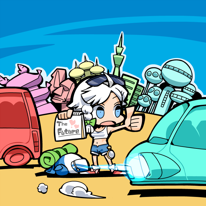 car chibi contemporary hitchhiking hounori izayoi_sakuya midriff motor_vehicle shorts solo sunglasses sunglasses_on_head touhou vehicle