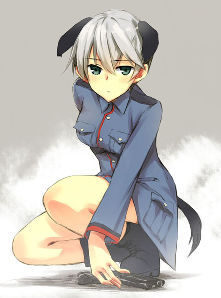 animal_ears boots dog_ears green_eyes gun laura_toth looking_at_viewer no_pants pistol sandwich_(artist) short_hair silver_hair solo strike_witches tail uniform weapon