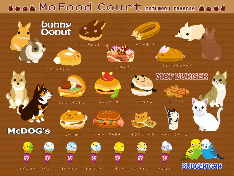 bird brown_background bunny cat cookie dog doughnut food hamburger ice_cream no_humans original parakeet rabbit taiga_ichigo text translation_request