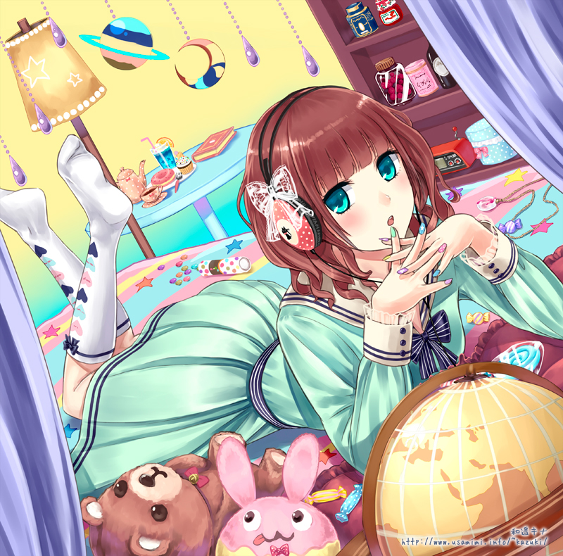 :3 :o aqua_eyes bed black_hair blue_eyes blush book bow brown_hair bunny crescent cup doughnut dress fingers_together food footwear fork globe green_eyes hands_clasped hands_together headphones kazuharu_kina lamp long_hair looking_at_viewer lying nail_polish no_shoes on_bed on_stomach open_mouth original radio red_hair ribbon shelf short_hair socks solo star straw stuffed_animal stuffed_bunny stuffed_toy sweets tea_kettle tea_set teacup teapot teaset teddy_bear web_address