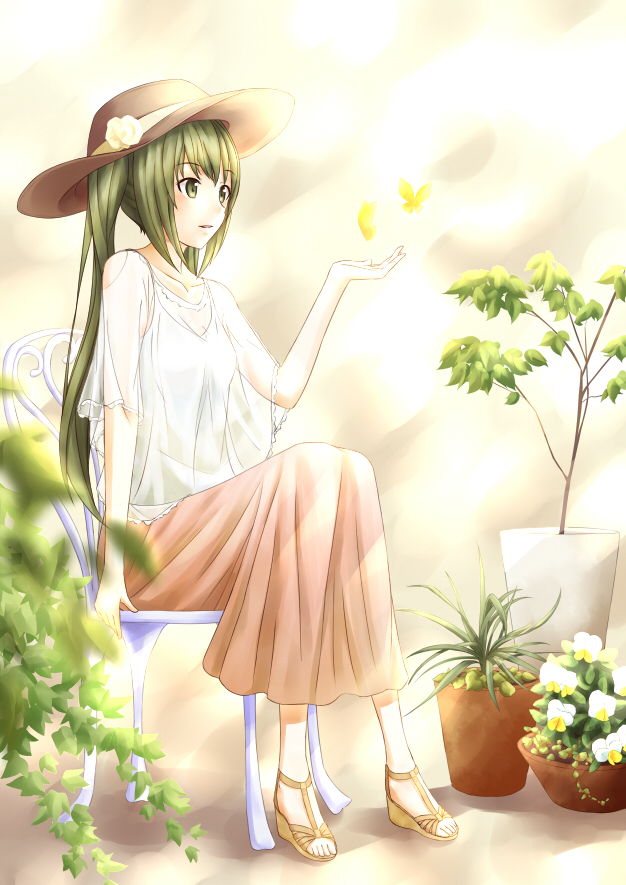 aoi_usagi butterfly chair green_eyes green_hair hat hatsune_miku long_hair plant potted_plant sitting skirt solo sun_hat twintails vocaloid