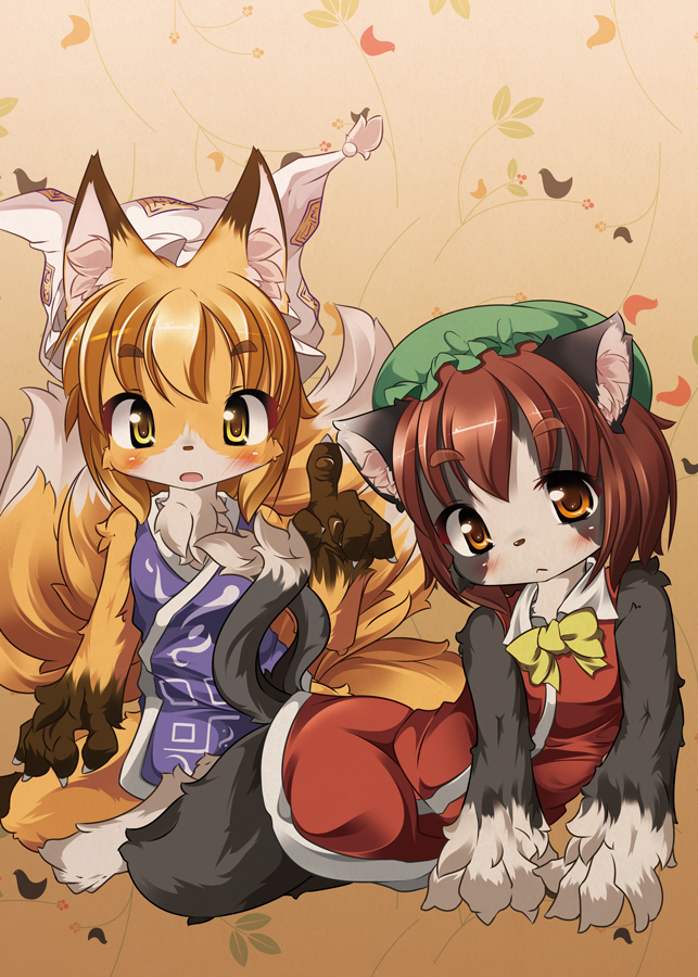 animal_ears barefoot blonde_hair blush brown_hair cat_ears cat_tail chen feet fox_ears furry hat looking_at_viewer multiple_girls multiple_tails muturabosi open_mouth pawpads paws tail toes touhou yakumo_ran yellow_eyes