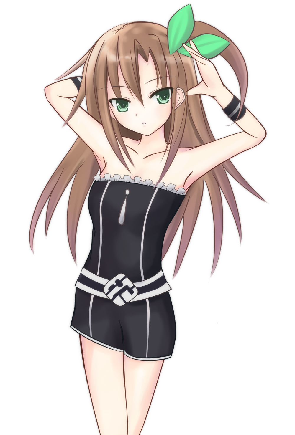 1girl armpits arms_up bare_shoulders belt_buckle bow boyshorts brown_hair choujigen_game_neptune collarbone compile_heart dress ears female green_eyes gust hair_bow hair_ornament highres idea_factory if_(choujigen_game_neptune) kiri_(pixiv546713) kiri_frog leaf long_hair nippon_ichi no_jacket parted_lips sega side_ponytail solo strapless strapless_dress tubetop very_long_hair wristband