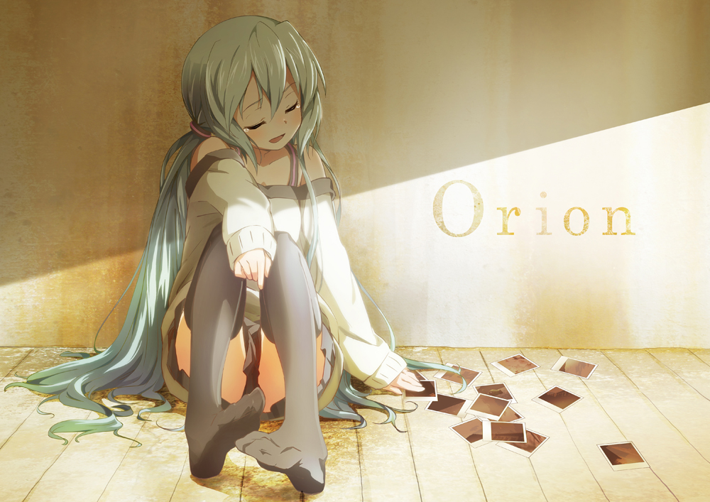 bare_shoulders black_legwear bun150 closed_eyes eyes_closed feet green_hair hatsune_miku long_hair no_shoes open_mouth orion_(vocaloid) photo_(object) polaroid sitting skirt solo sweater tears thigh-highs thighhighs twintails very_long_hair vocaloid