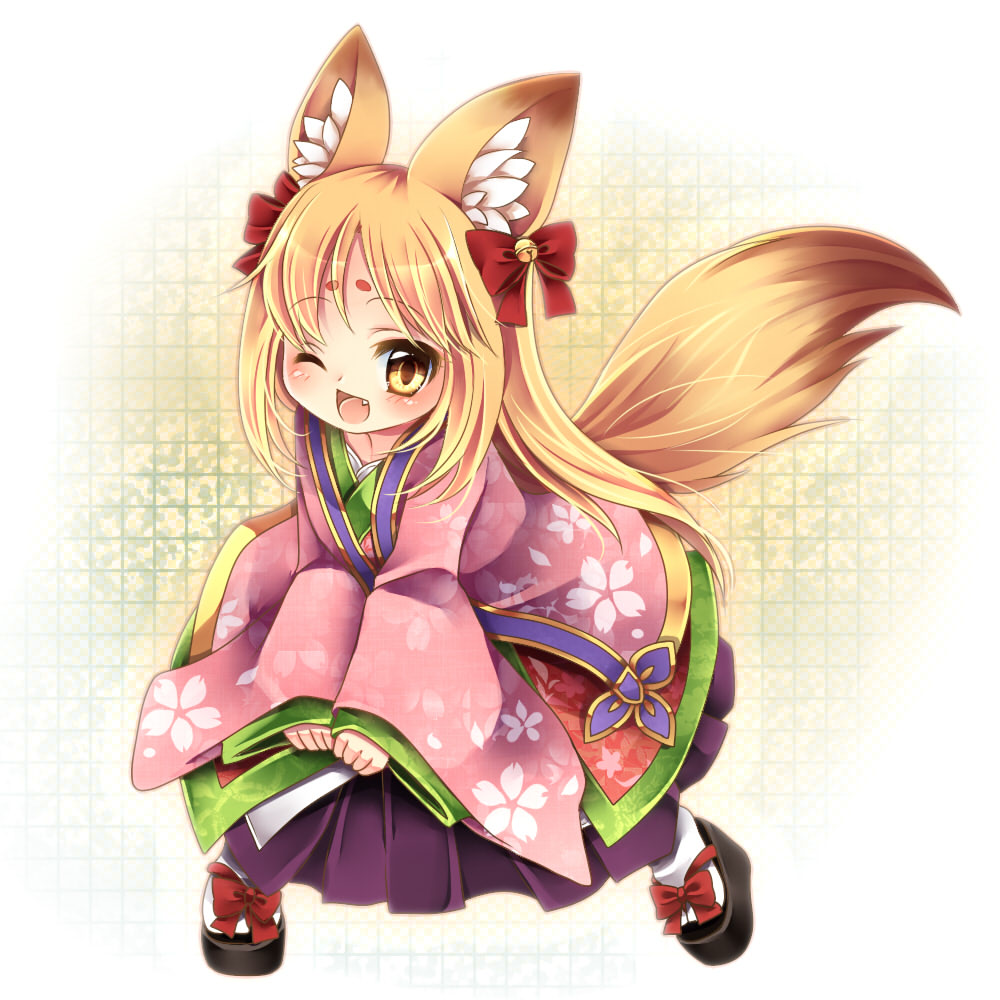 :d animal_ears bell blonde_hair bow chokobanira emil_chronicle_online fang fox_ears fox_tail hair_bow japanese_clothes kimono long_hair long_sleeves open_mouth sleeves_past_wrists smile solo tail wink yellow_eyes