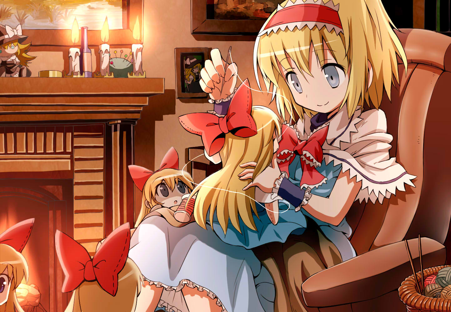 alice_margatroid blonde_hair blue_eyes bottle bow bowtie braid broom candle capelet chair character_doll doll fireplace gibuchoko hair_bow hairband hat hat_bow kirisame_marisa long_hair needle papas photo_(object) pins sewing shanghai_doll short_hair single_braid sitting smile solo touhou when_you_see_it witch witch_hat wrist_cuffs yarn
