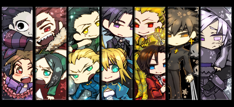 armor assassin_(fate/zero) berserker_(fate/zero) black_eyes black_keys blonde_hair blue_eyes caster_(fate/zero) chibi cross earrings emiya_kiritsugu everyone fate/zero fate_(series) gate_of_babylon green_eyes intestines jewelry kayneth_archibald_el-melloi kotomine_kirei lancer_(fate/zero) mask matou_kariya moromie-mizu necklace orange_hair rider_(fate/zero) saber tohsaka_tokiomi toosaka_tokiomi uryuu_ryuunosuke waver_velvet wine yellow_eyes