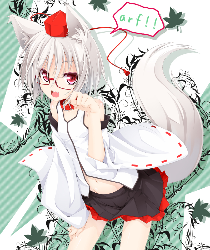 animal_ears bare_shoulders barking bespectacled collar detached_sleeves glasses hat ichiju inubashiri_momiji leaning_forward looking_at_viewer navel ogami_kazuki paw_pose red_eyes short_hair silver_hair solo speech_bubble tail tokin_hat touhou wolf_ears wolf_tail woof
