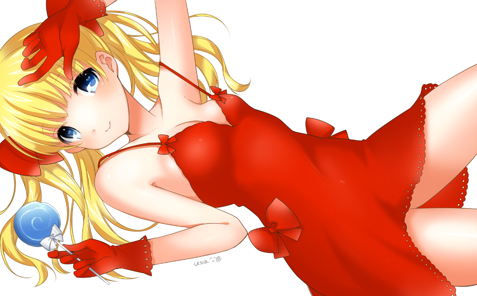 1girl bad_id blonde_hair blue_eyes blush bow breasts candy cleavage dress gloves hair_bow lollipop lying on_back original red_dress smile solo twintails udk